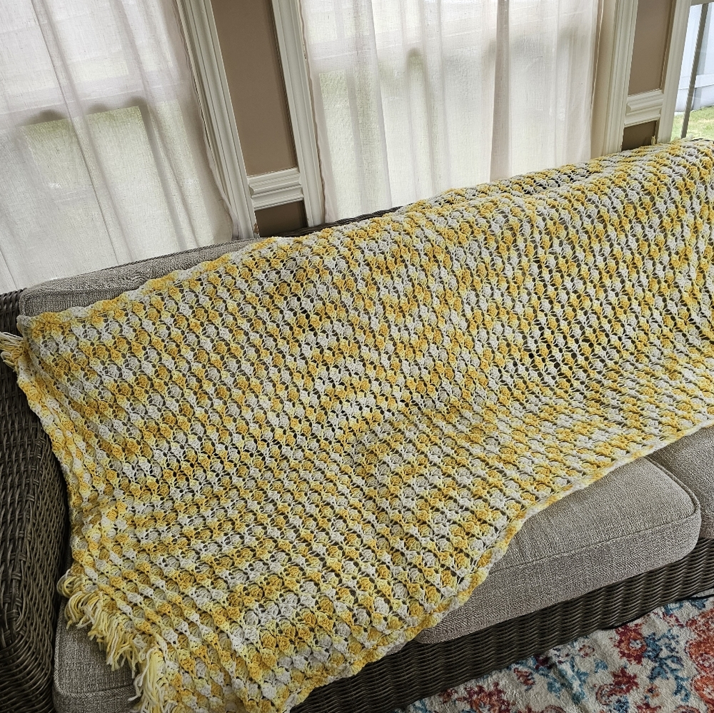 Handmade Crochet Yellow Throw Blanket Cottage Core Sofa Cover 90×40
